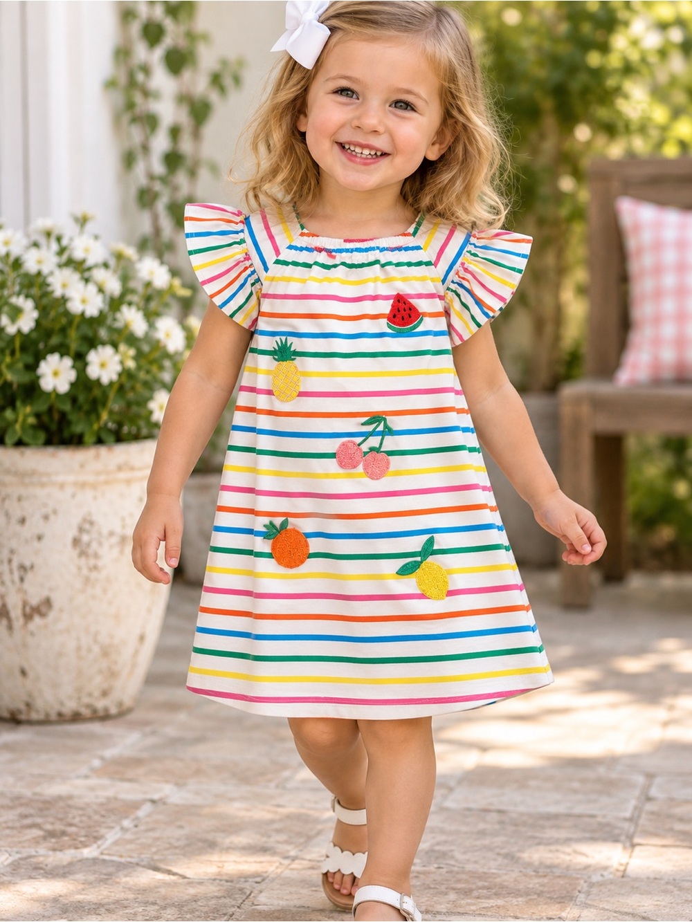 Adventure 360 Little Girls Striped Cap Sleeve Embroidered Fruit Knit Dress NWT